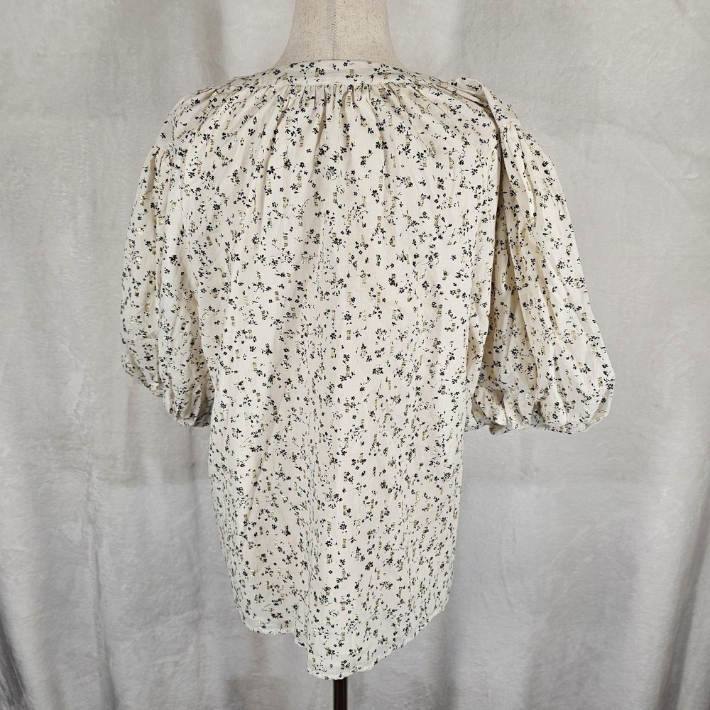 Vince Camuto Blouse Womens Medium Birch Island Oasis Floral Puff Sleeve Metallic - Picture 2 of 11